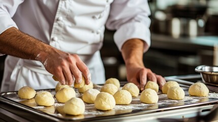 A focused chef in a professional kitchen carefully arranges dough circles on a tray, showcasing culinary precision and commitment in a bustling restaurant setting