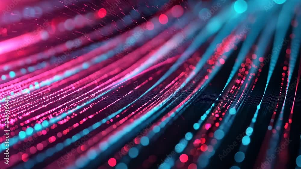Poster vibrant neon light trails in abstract grid pattern with glowing particles