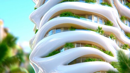 Modern Architectural Design Biophilic White Curving Tower with Lush Greenery