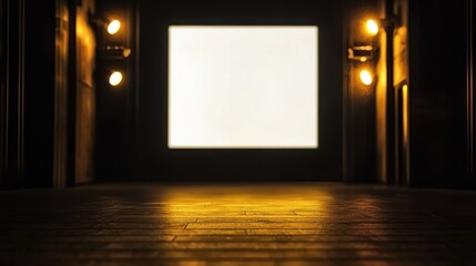 Illuminated Alleyway: A Dark Passage with Glowing Lights and a Blank Billboard