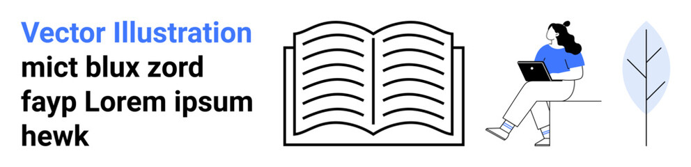 Open book icon, woman on bench with laptop, and minimalist tree. Ideal for e-learning, digital education, online courses, self-study, reading, technology, remote learning. Landing page