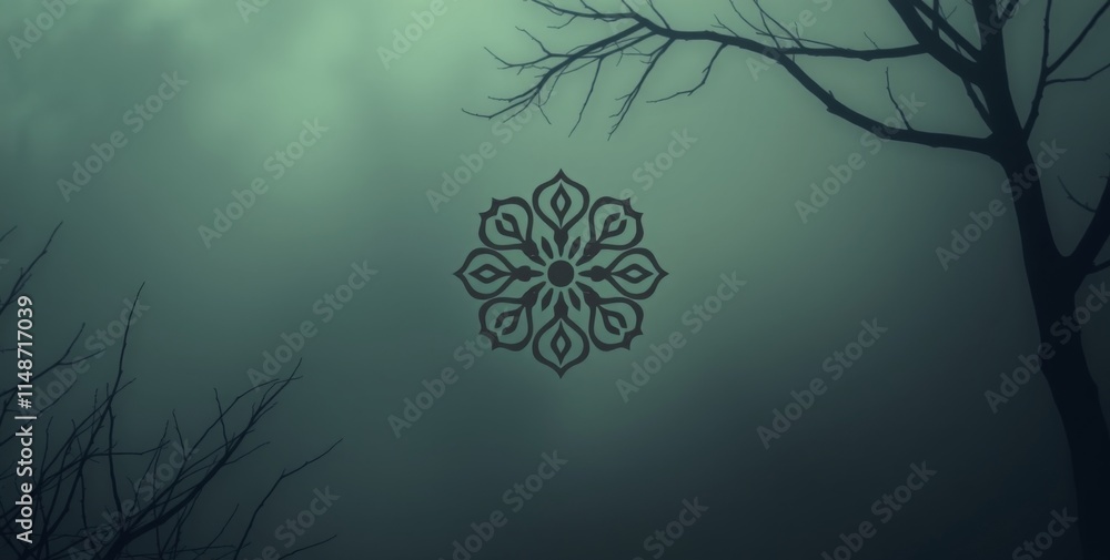 Poster a dark and moody image of a tree with a flower in the center. the flower is surrounded by a circle a