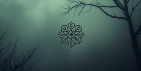 A dark and moody image of a tree with a flower in the center. The flower is surrounded by a circle and is the main focus of the image. Scene is mysterious and serene
