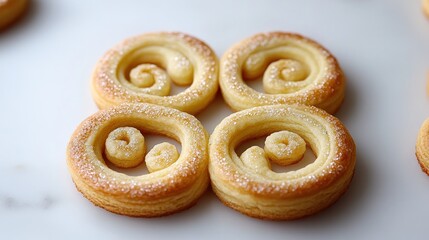 Fototapeta premium Four puff pastry swirls dusted with sugar.