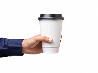 Blank of Male hand holding a white Coffee paper cup isolated on light white background. Coffee Mockup for branding. Logo or Text.