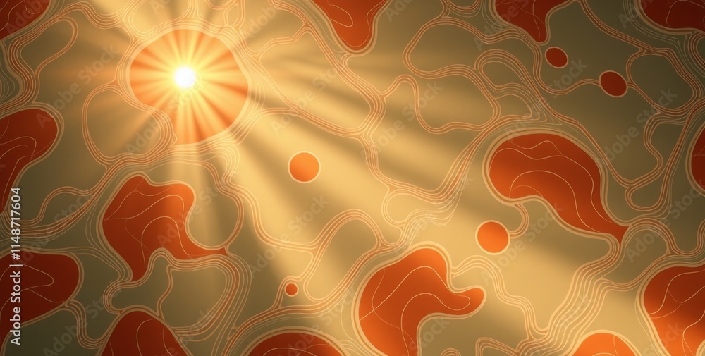 Poster a sun is shining on a pattern of circles and squares. the circles are orange and the squares are bro