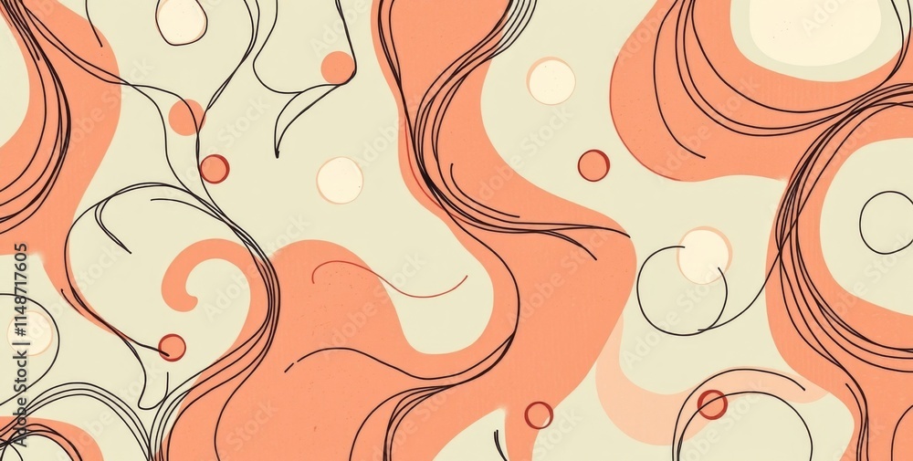 Poster a pattern of orange and white swirls with black dots. the pattern is very abstract and has a lot of 