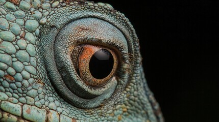 Naklejka premium Close-up of a reptile's eye, showcasing intricate textures and colors.