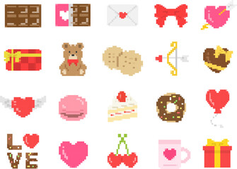 いろいろな、バレンタインデーのドット絵のイラストセット