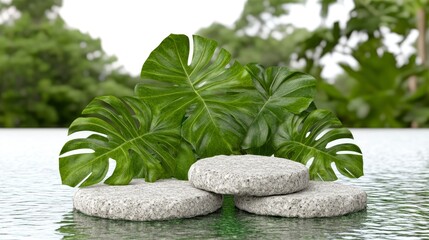 Serene Spa Scene Granite Stones and Lush Monstera Leaves by Tranquil Water