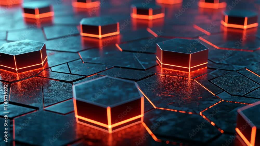 Poster futuristic hexagonal design with glowing red elements on a dark surface