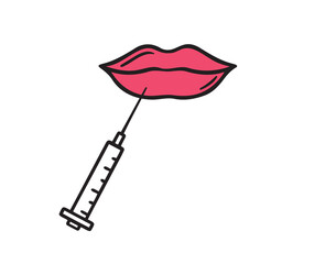 Lips and syringe doodle hand drawn icon. Outline drawing beauty lip augmentation procedure line clipart symbol