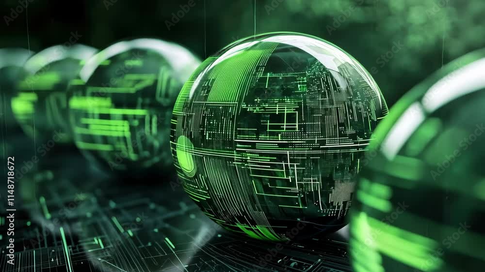 Poster green transparent spheres with digital patterns on futuristic background