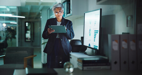 Statistics, tablet and infographic with business woman in office for profit, accounting graph or...