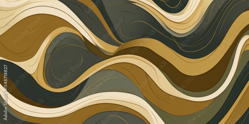Poster a brown and tan wave pattern with gold accents. the image is abstract and has a sense of movement