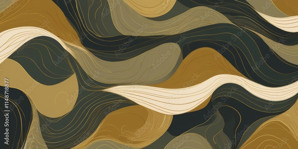Poster a brown and tan wave pattern with gold accents. the image is abstract and has a sense of movement