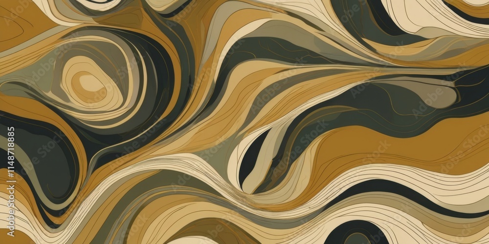 Poster a brown and tan wave pattern with gold accents. the image is abstract and has a sense of movement