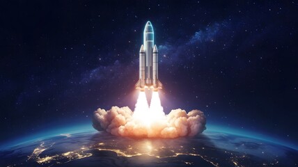Naklejka premium Neon Odyssey A Futuristic Rocket Launch into the Stars