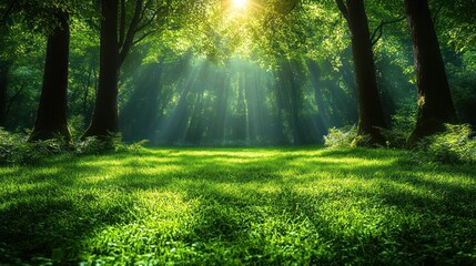 Obraz premium Sunbeams illuminating lush green forest.