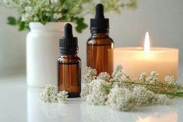 Aromatherapy oils a candle and fresh yarrow flowers on a white surface