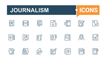 Journalism icon set. Contains such icons as icon, men, internet, media, photo, radio and more. Perfect for logos and infographics. Editable vector stroke.