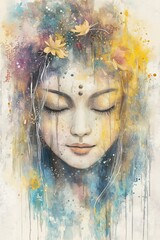 Serene Watercolor Woman with Flowers