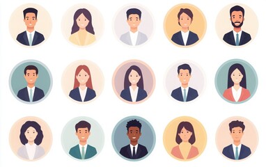 Set of avatar icons for business people in a flat design, featuring simple shapes and pastel colors. The icons have round backgrounds with a white backdrop and no shadows or gradients. 