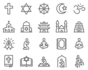 Simple Set of Religion Symbols Related Vector Line Icons. Contains such Icons as Prayer Room, Temples, Divine Book and more. Editable Stroke.