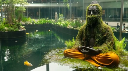 Playful underwater world Sunken statue covered in moss