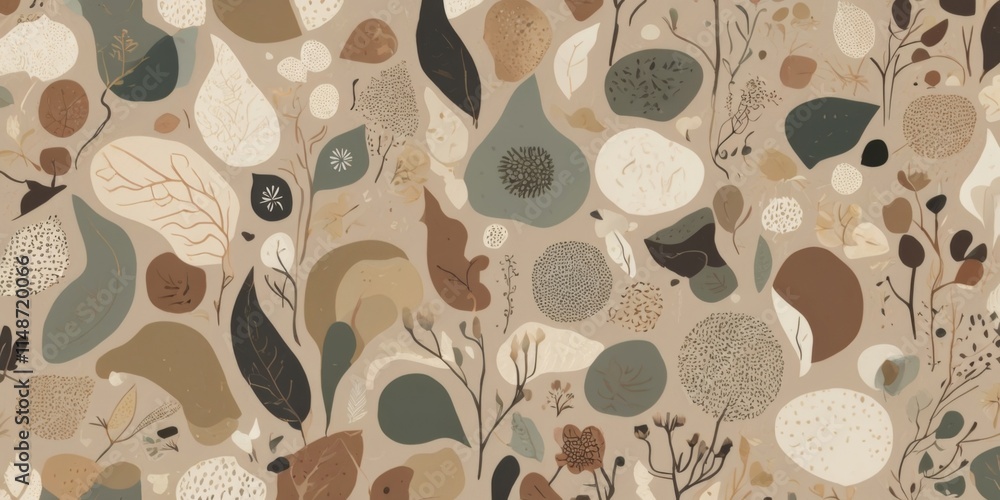 Poster a pattern of leaves and rocks with a brown and blue color scheme. the leaves are of various sizes an
