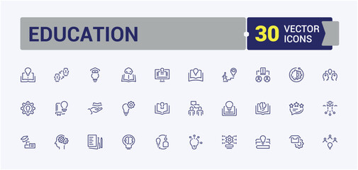 Education icons set. Contains such icons as university, development, science, process, goal, grow, on and more. Thin outline icons pack. Editable vector stroke.