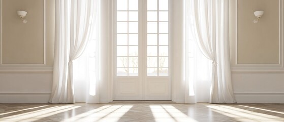 Fototapeta premium Sunlit Elegance: A Serene Interior with French Doors and Sheer Curtains