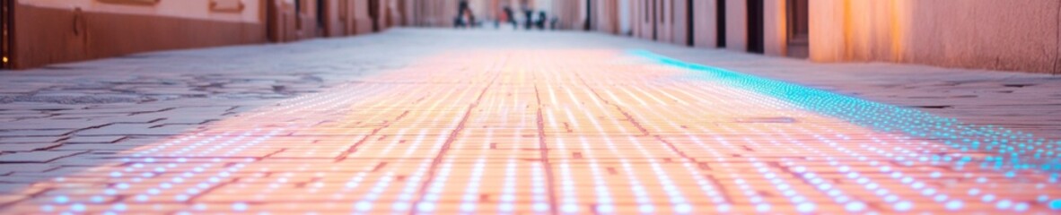 Futuristic Light Grid on Cobblestone Street Urban Art Installation at Dusk