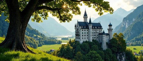 Naklejka premium Hohenschwangau Castle Bavaria, Majestic Alpine Fortress, Dreamy Daytime Scene