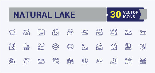 Set of Natural Lake line icons. Includes thin line park, country, road, plant, mill, farm, lake and more. Icons for UI. Editable stroke. Vector illustration.