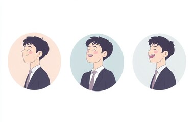 Obraz premium Set of simple vector icons featuring a high school boy in a suit and tie with a joyful expression. The front and side views are placed on pastel-colored round backgrounds with white borders. 