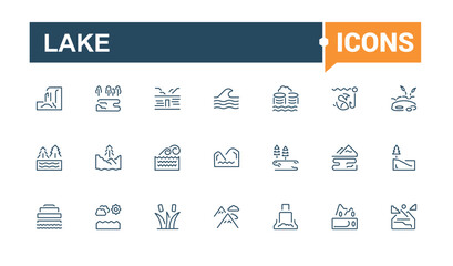 Lake icon set. Containing hill, rest, tree, sea, desert, park, house and more. Minimal linear icons. Editable stroke.