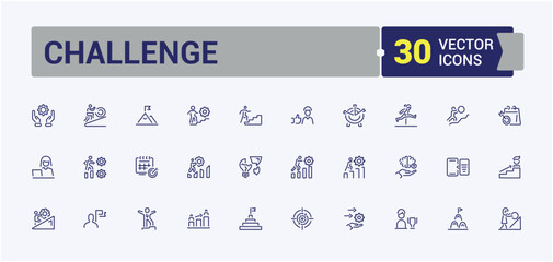 Challenge icon set. It contains symbols to win, motivation, business, person, hand, challenge, success, skill. Minimal linear icons. Editable stroke. Vector illustration.
