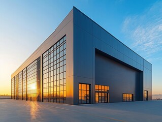 Modern industrial warehouse building stands tall against clear blue sky at sunrise. Expansive windows reflect warm sunlight. Large garage door suggests efficiency, logistic potential. Sleek design,