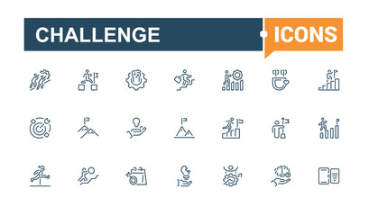 Challenge icons set in linear style. Containing skill, challenge, strategy, work, man, win, achieve, hand. Simple icon designs. Vector outline icons collection.