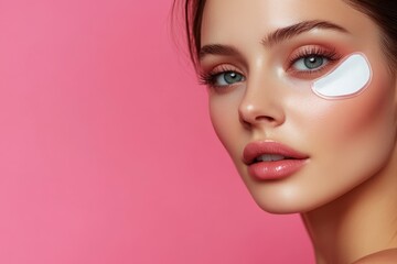 Fototapeta premium Attractive woman with flawless skin and hydrogel eye patches against a pink backdrop Skincare theme