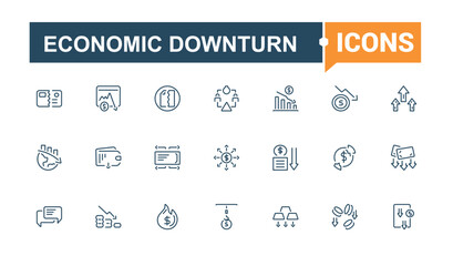 Economic Downturn icons set. Contains such icons as investment, finance, economic, man, fail, banking, bankruptcy, recession. Pixel perfect. Editable stroke.