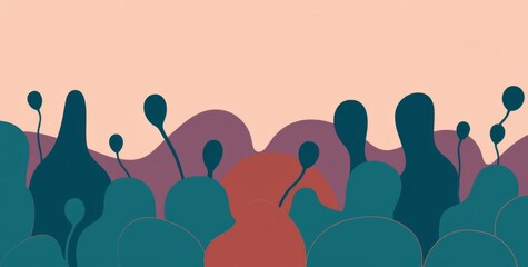 A drawing of a forest with many trees and bushes. The trees are all different sizes and shapes, and the bushes are also varied. Scene is peaceful and serene, with the trees