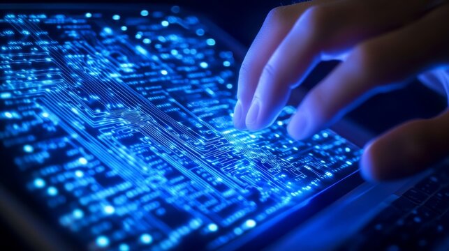 Digital technology, software development concept. Coding programmer, software engineer working on laptop with circuit board and javascript on virtual screen, internet of things IoT
