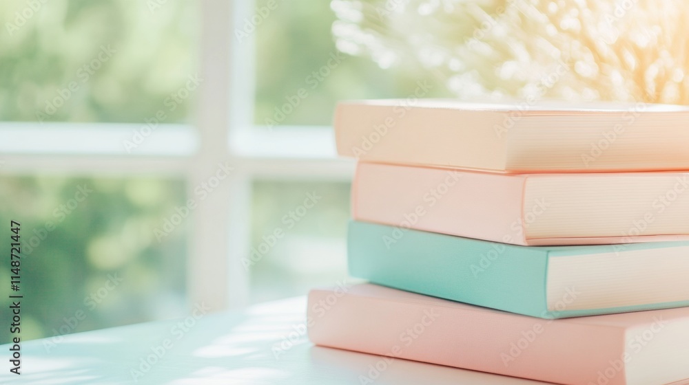 Poster pastel notebook stack in soft sunlight aesthetic study session ambiance