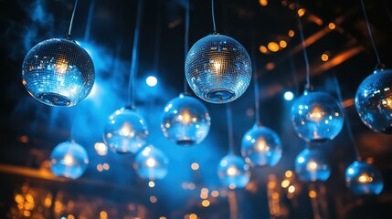 Holiday Ornaments. Blue glass baubles hanging, festive holiday decorat