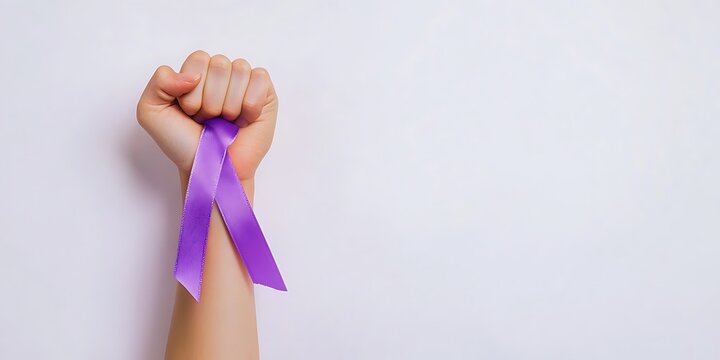 A clenched fist holds a purple ribbon for awareness