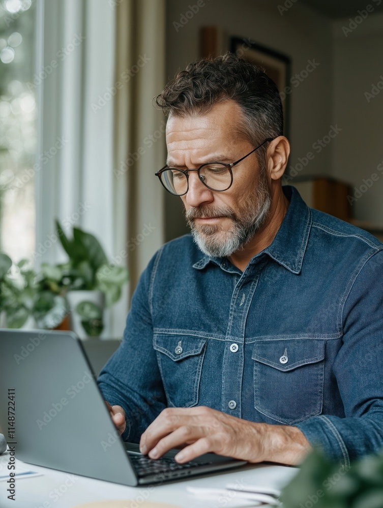 Poster man uses laptop in office. focused pro working on computer. modern tech workspace. businessman with 