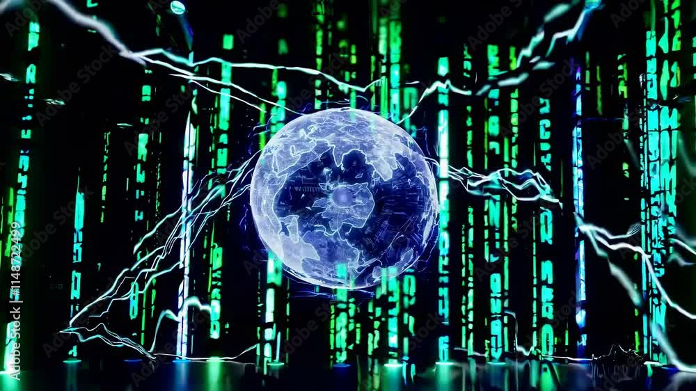 Poster futuristic technology digital globe with electric energy and glowing binary code, loop prores 422hq