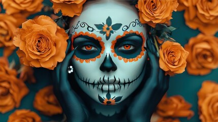 Calavera Catrina makeup, orange roses, Halloween.
